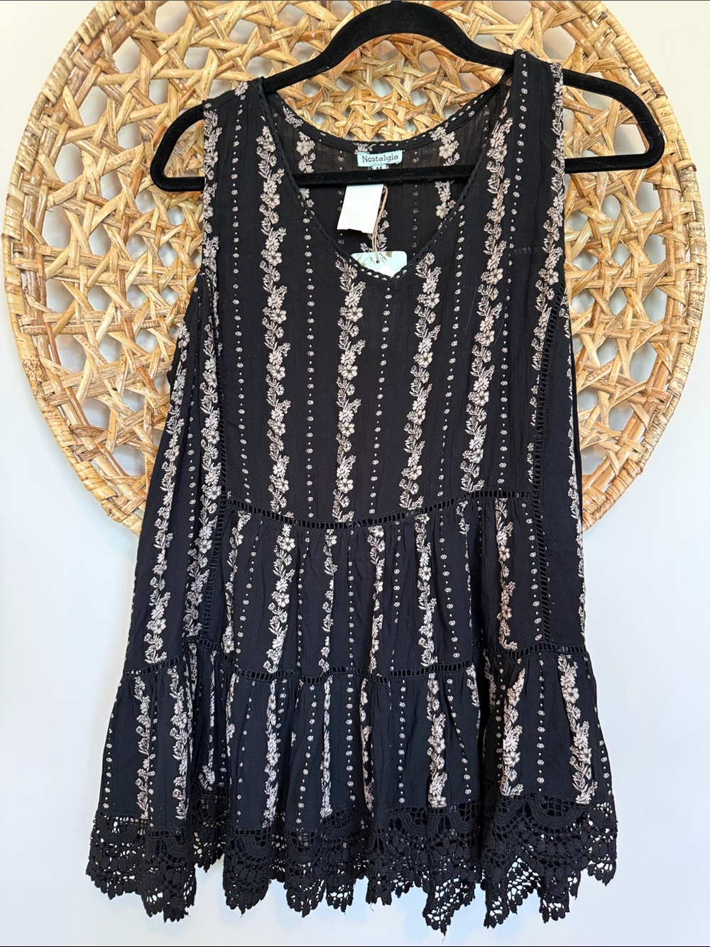 Nostalgia Black Sleeveless Tiered Tunic with Cream Floral Stripes